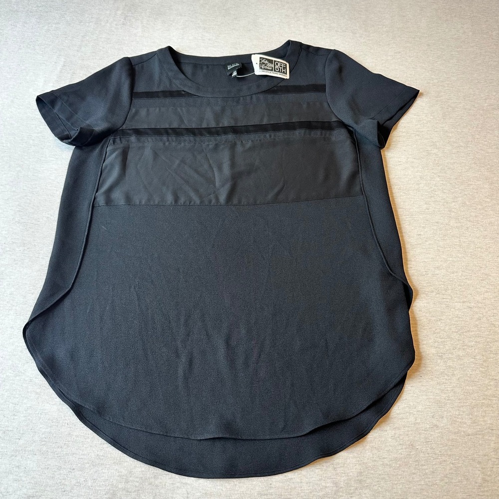 Saks Fifth Avenue‎ BLACK Women Short Sleeve Mixed Media Satin Panel Blouse S New